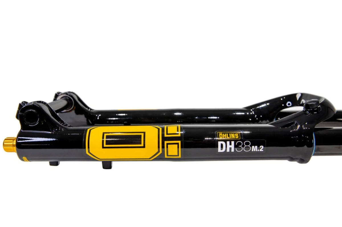 Vue latérale avec sticker Ohlins de fourche DH38 surron light bee