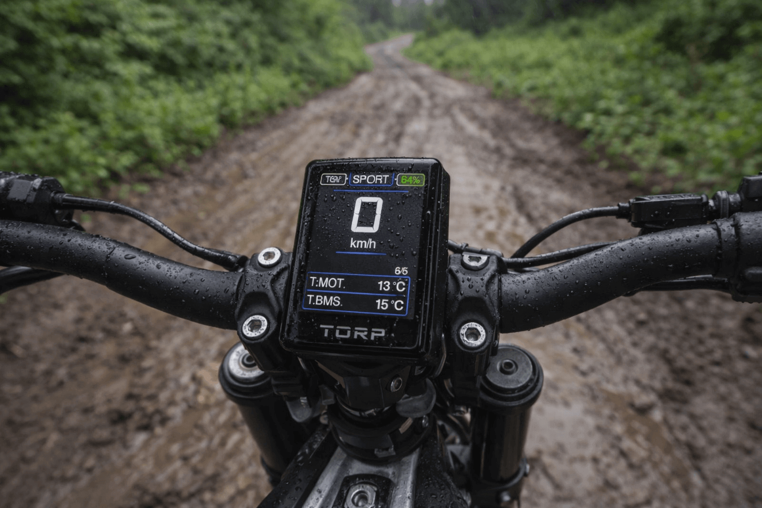 Display couleur TORP monté sur guidon de moto électrique en utilisation off-road sous la pluie Image