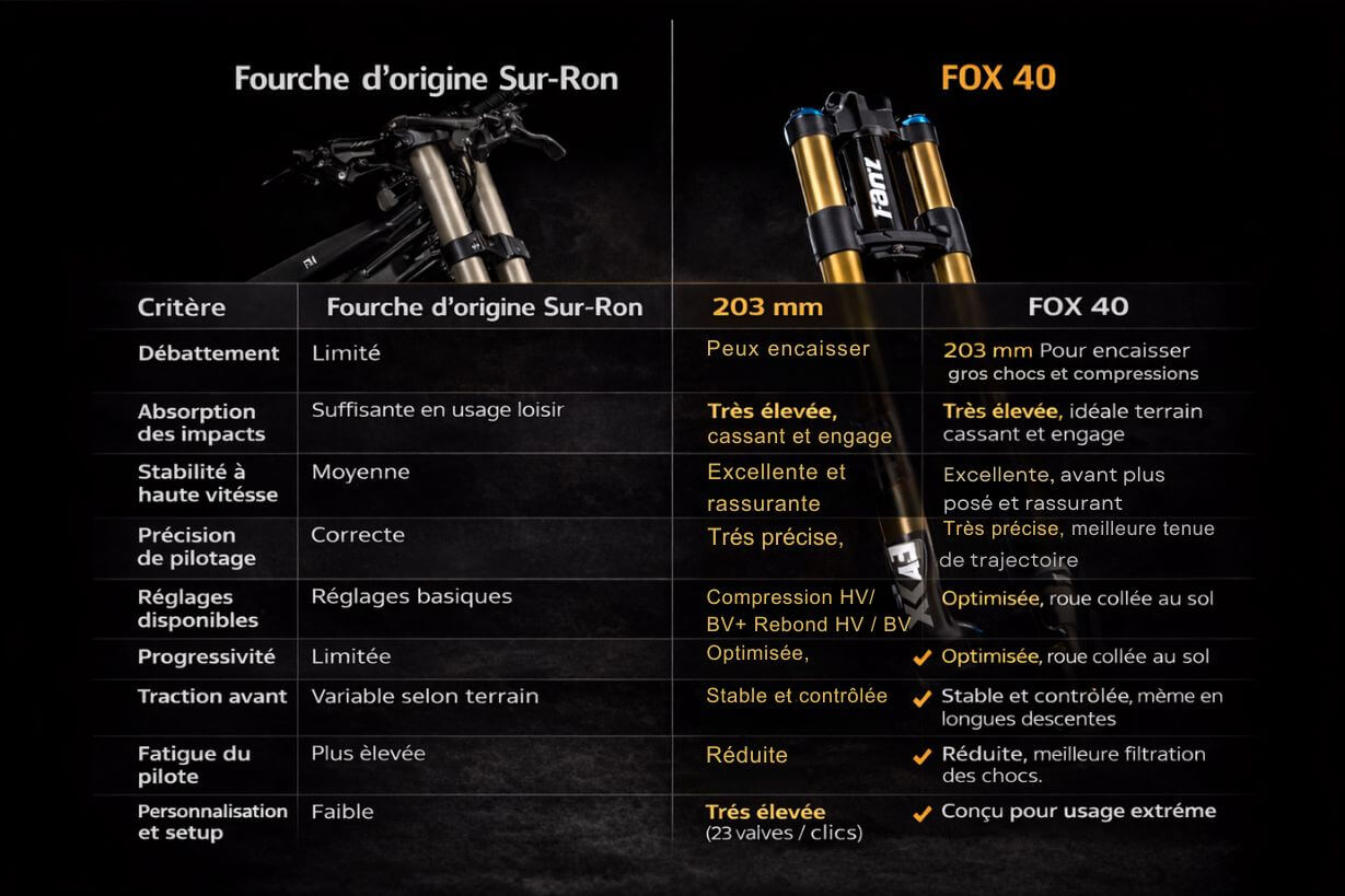 comparatif tableau des fourches de surron light bee, fourche d'origine vs fox 40 Image